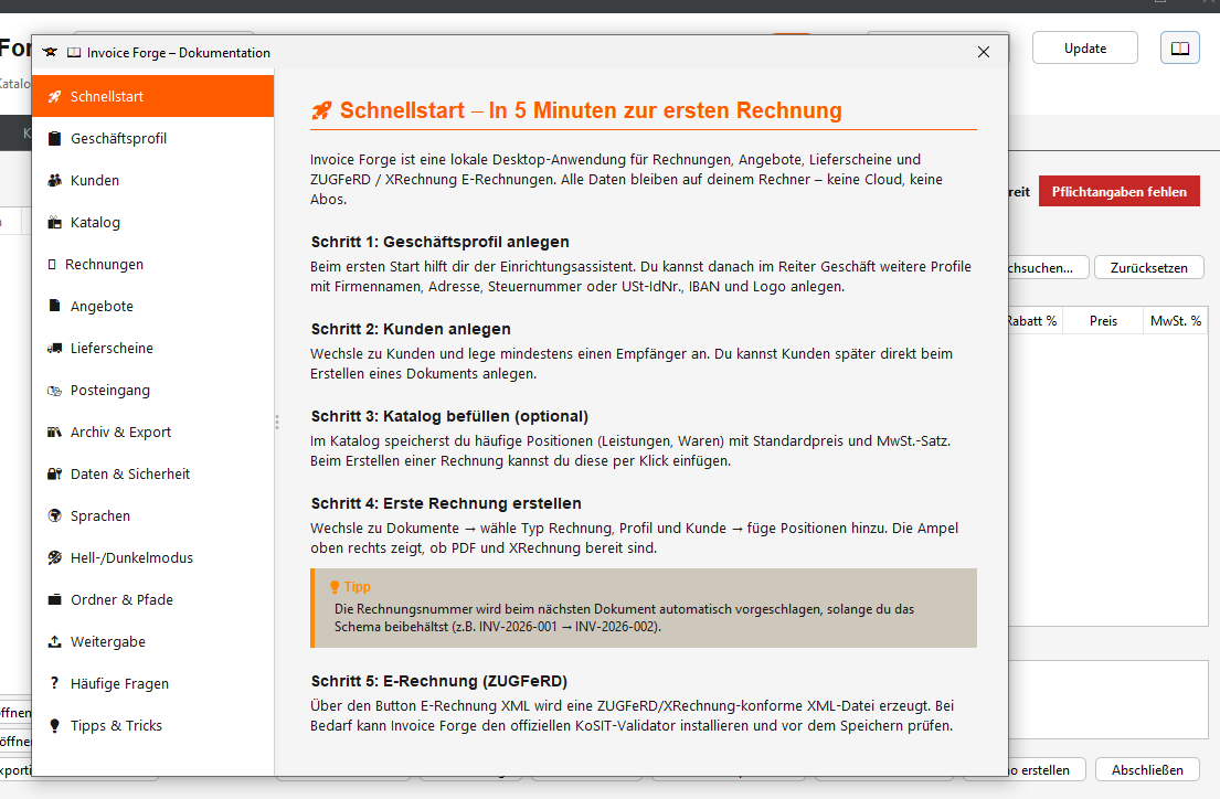 Integrierte Dokumentation und Schnellstart in Invoice Forge